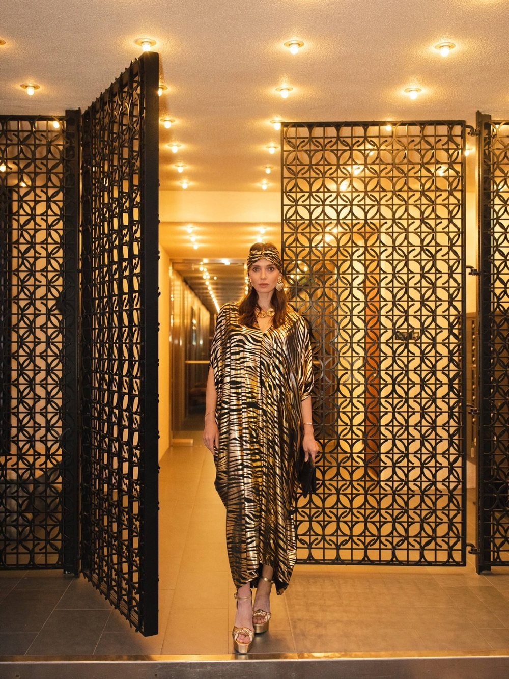 Jennafer Grace Gold and Black Iridescent Zebra-Print Caftan Dress NWOT